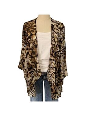 Sunny Leigh Animal Print Kimono Sz L Brown Topper Lightweight Breezy Casual EUC
